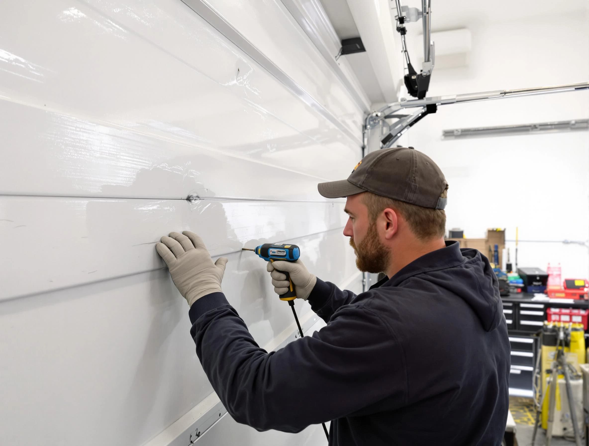 Santaquin Garage Door Repair technician demonstrating precision dent removal techniques on a Santaquin garage door